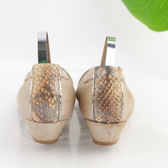 AGL Womens Pumps Size 36.5 6.5 Metalic Tan Python Cap Toe Low Wedge Dress Shoes - Picture 4 of 13